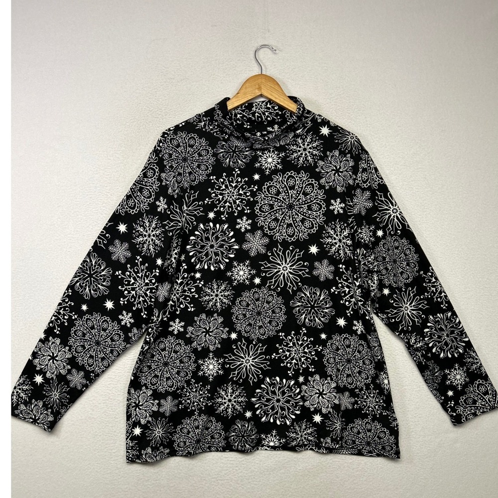 Holiday Winter Inner Circle Womens 3X Black White Snowflake Mock Neck Tunic Top